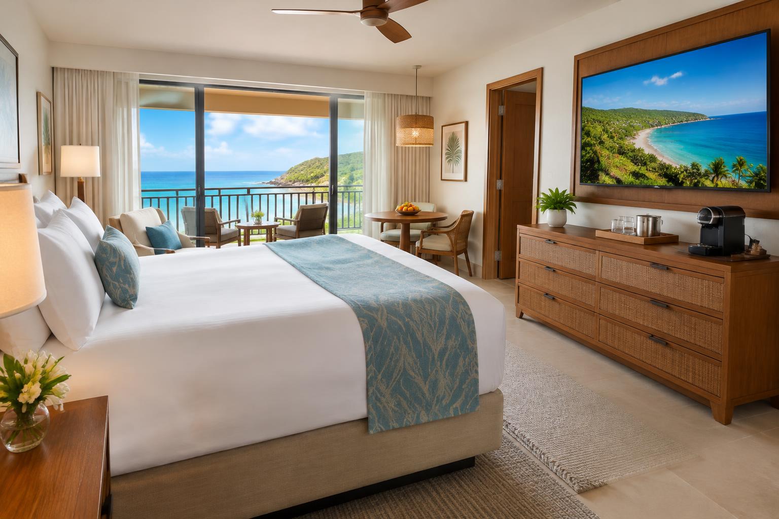 Illustrative hotel guest room with television and ocean-view balcony