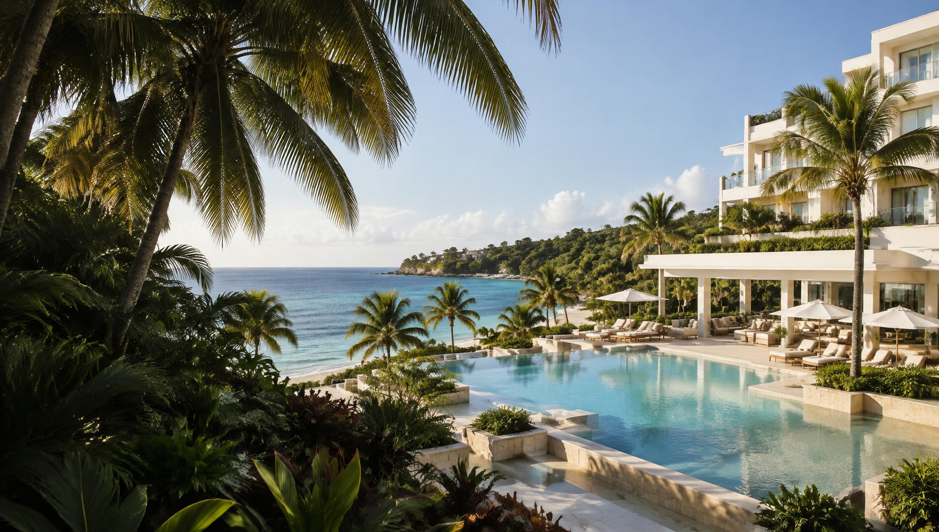 Illustrative beachfront Jamaican resort with pool and guest lounge